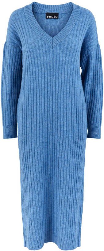 PIECES ribgebreide jurk PCSILLA blauw