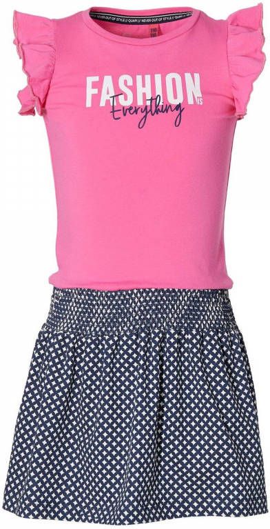 Quapi Girls jurk Faily met all over print en ruches donkerblauw/fuchsia