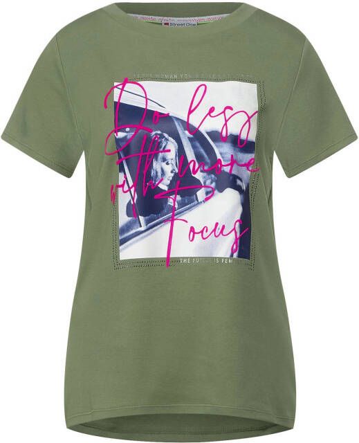 Street One T shirt met printopdruk en studs olijfgroen