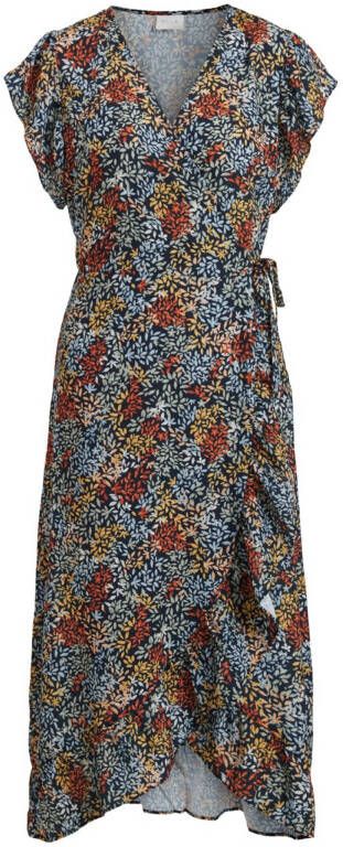 VILA jurk VIMANSAKIANA met bladprint en volant marine