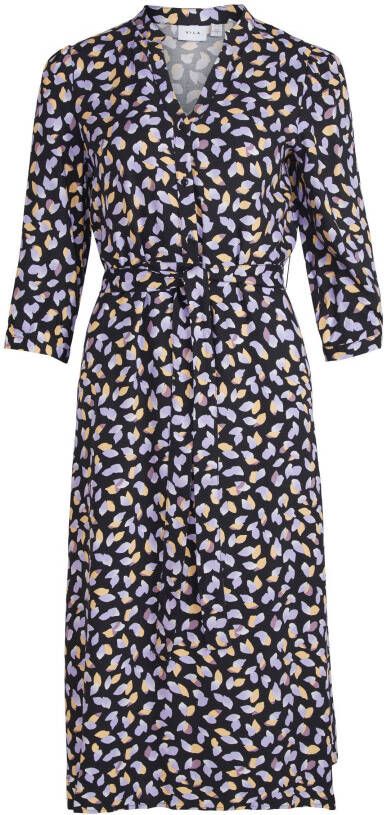 VILA jurk VIVISH met all over print en ceintuur zwart/lila/geel