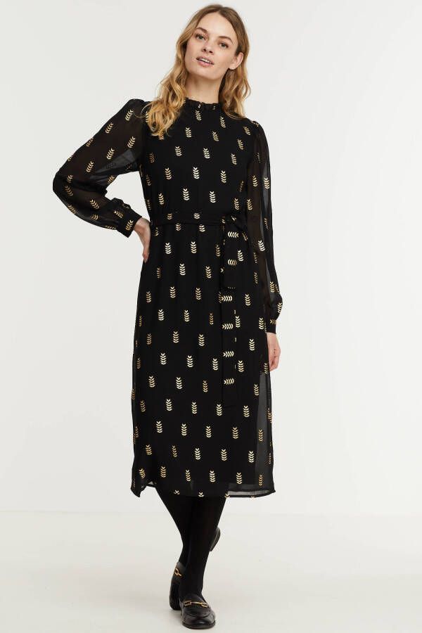 VILA semi transparante jurk VIMONELLA met all over print en ceintuur zwart/goud
