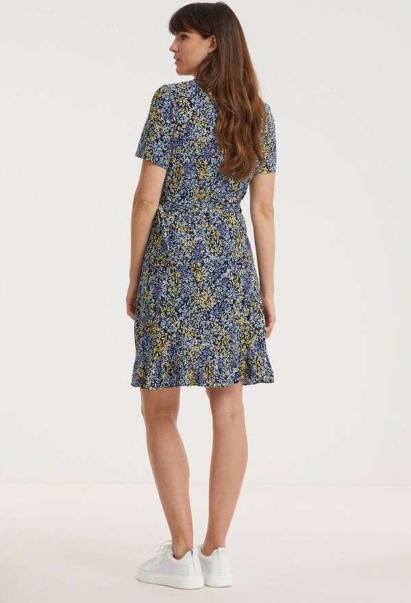 VILA wikkeljurk VIMINA met all over print en ruches blauw/geel