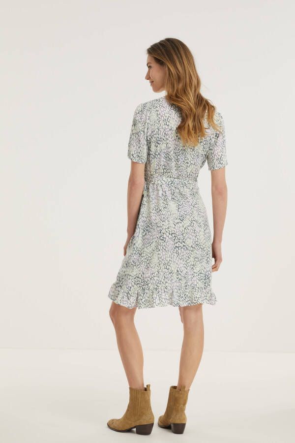 VILA wikkeljurk VIMINA met all over print en ruches wit/blauw/lila