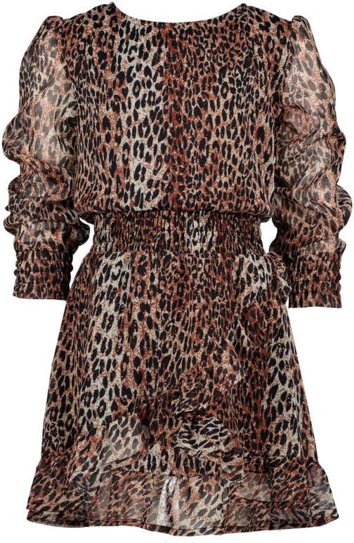 Vingino semi transparante jurk Penikah met panterprint en ruches bruin/zwart