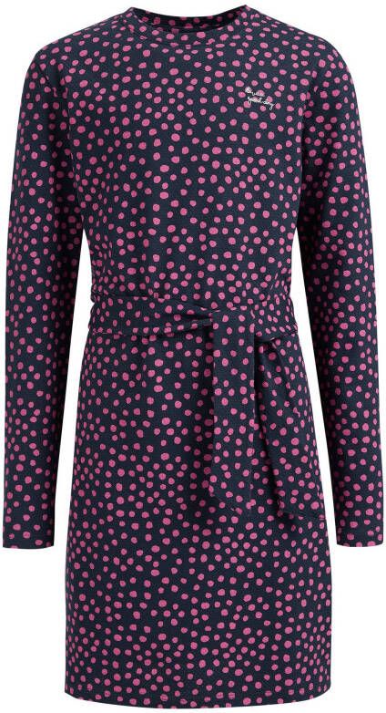 WE Fashion jurk met stippen en ceintuur donkerblauw/roze