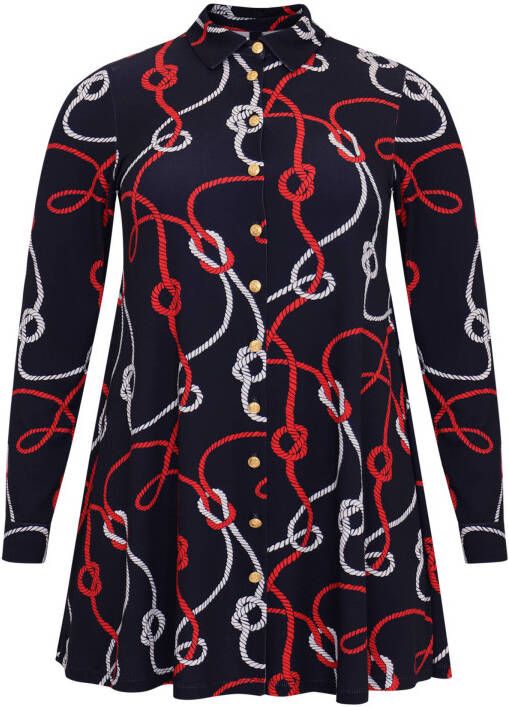 Yoek A lijn blouse van travelstof NAUTIQUE met all over print
