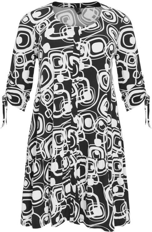 Yoek A lijn jurk BAUHAUS met all over print en volant zwart/wit
