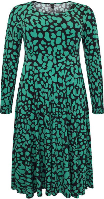 Yoek A lijn jurk BELLA met all over print en plooien zwart/groen