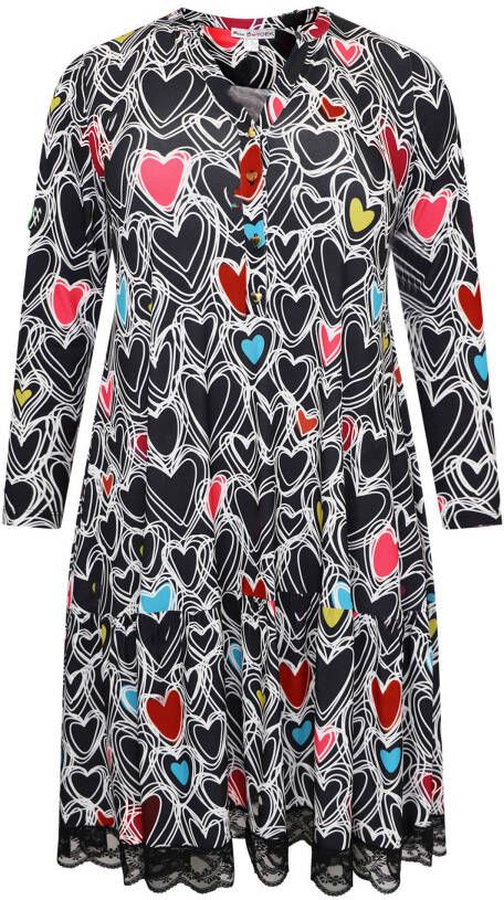 Yoek A lijn jurk HEARTS met hartjes en kant zwart/wit/multi