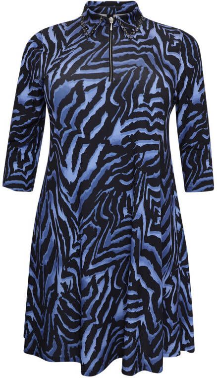 Yoek A lijn jurk KAMEO met zebraprint en strass steentjes blauw/zwart/lichtblauw
