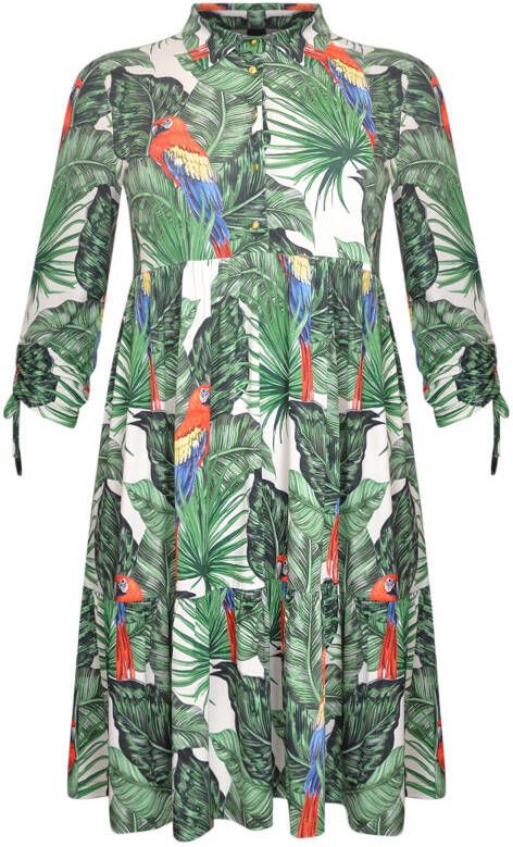 Yoek A lijn jurk PARROT met bladprint en volant wit/groen/rood