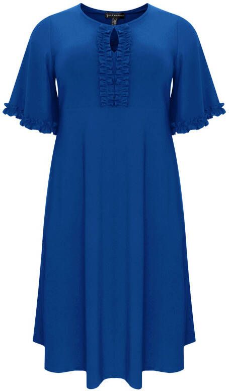 Yoek A lijn jurk van travelstof DOLCE met ruches blauw