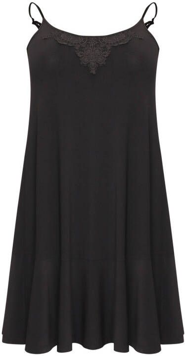Yoek A lijn jurk van travelstof met spaghettibandjes en kant DOLCE zwart