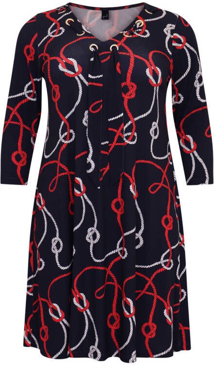 Yoek A lijn jurk NAUTIQUE met all over print donkerblauw/rood/wit