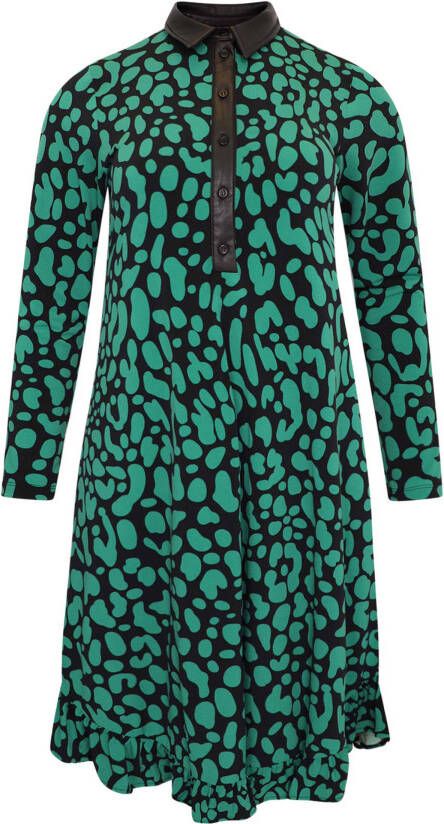 Yoek blousejurk BELLA met all over print en volant groen/zwart