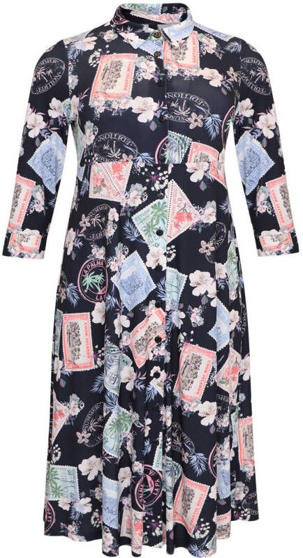 Yoek blousejurk STAMPS met all over print donkerblauw/roze/lichtblauw