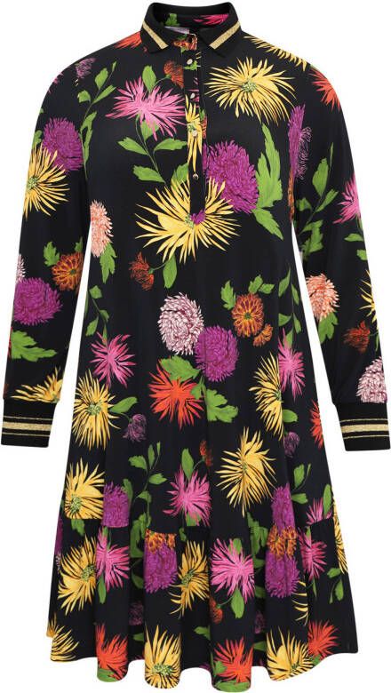 Yoek gebloemde A lijn jurk CHRYSANT met contrastbies en glitters zwart/multi