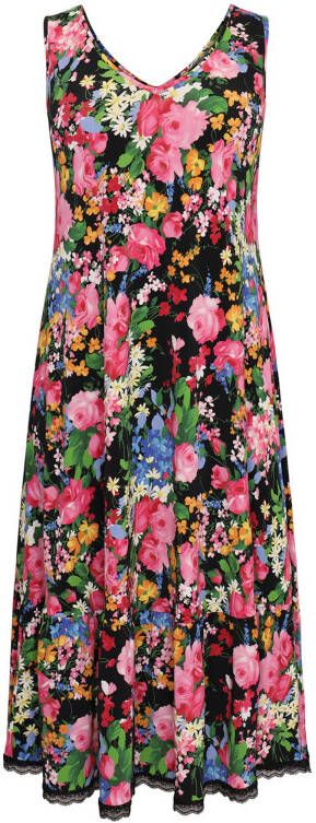 Yoek gebloemde A lijn jurk DIANA van travelstof zwart/roze/multi