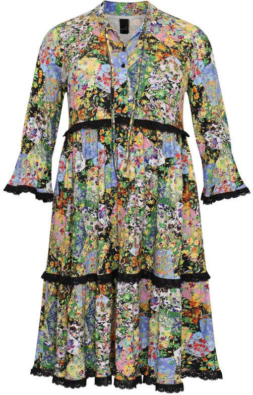 Yoek gebloemde A lijn jurk FLOWERY zwart/multi