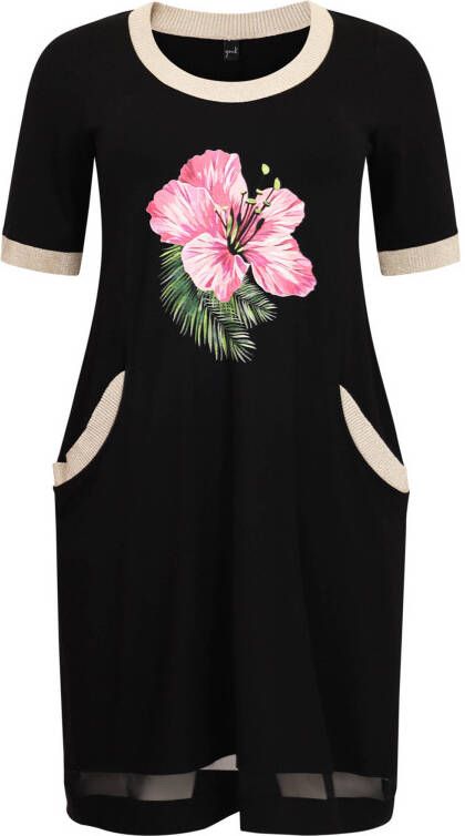 Yoek gebloemde jurk FLOR zwart/goud/roze