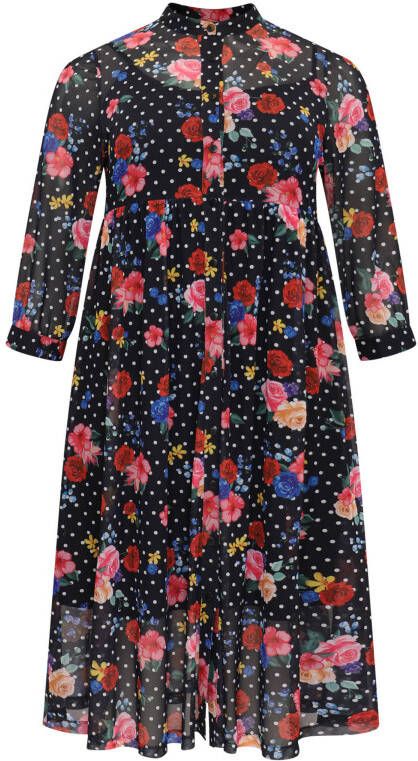 Yoek gebloemde semi transparante A lijn jurk FLOWERDOT zwart/roze/blauw