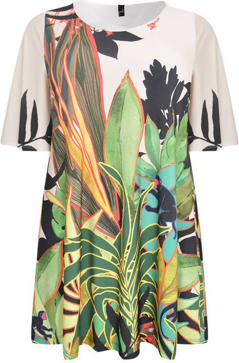 Yoek gebloemde tuniek ecru/groen/oudroze