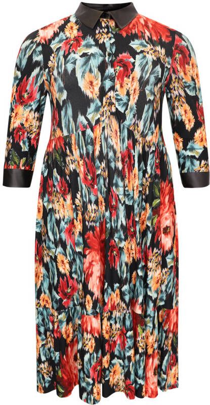 Yoek gebloemde wijdvallende midi jurk met imitatieleer BYZANTINE