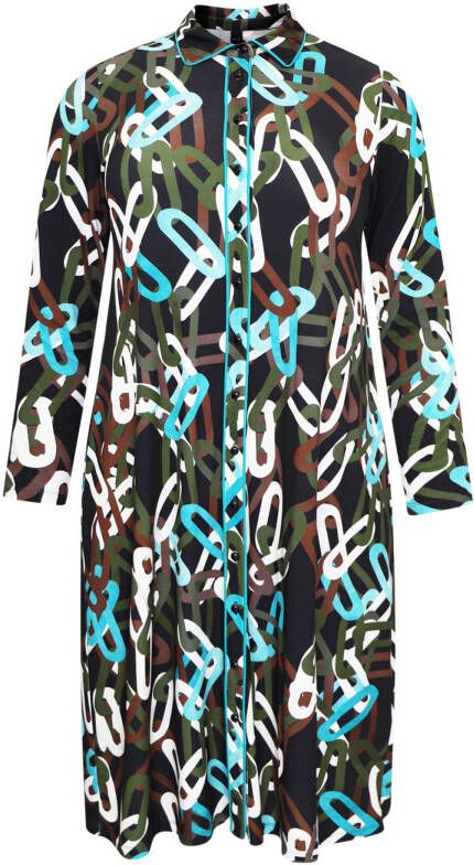Yoek jurk AMY met contrastbies zwart/donkergroen/turquoise