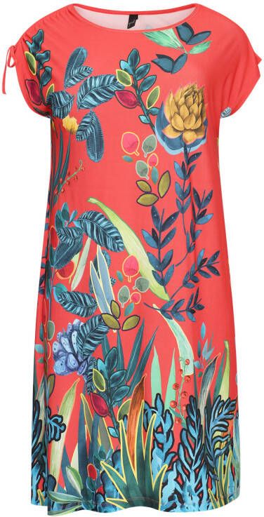 Yoek jurk GISELLE van travelstof met bladprint koraalrood/blauw/groen