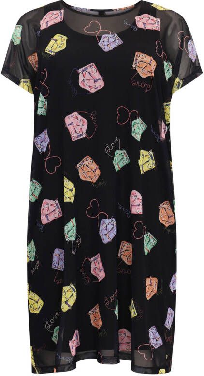 Yoek jurk met mesh BEAUTY met all over print en mesh zwart/pastel