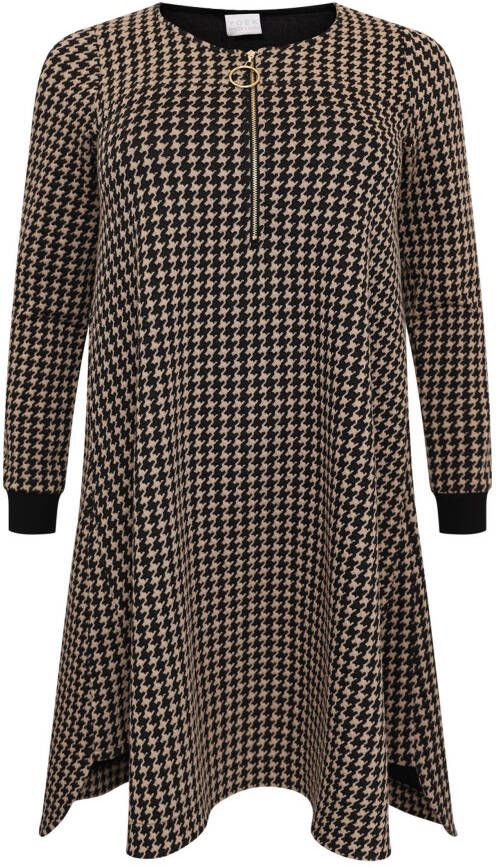 Yoek jurk met pied de poule bruin/zwart