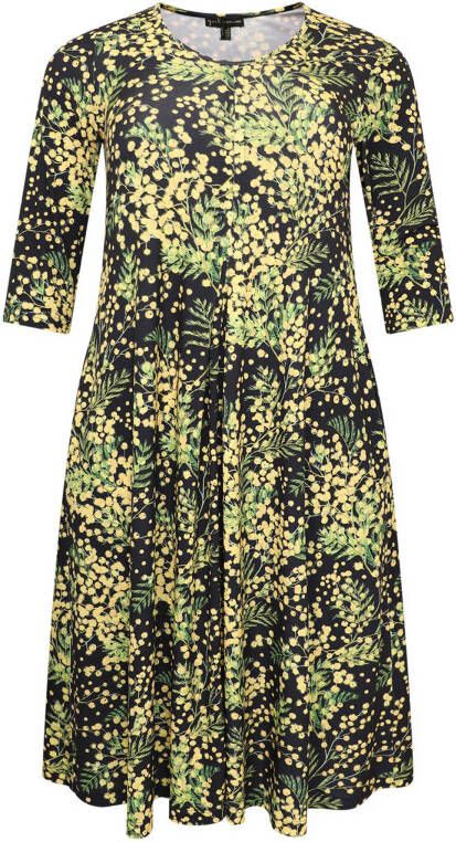 Yoek jurk MIMOSA met all over print zwart/groen/geel