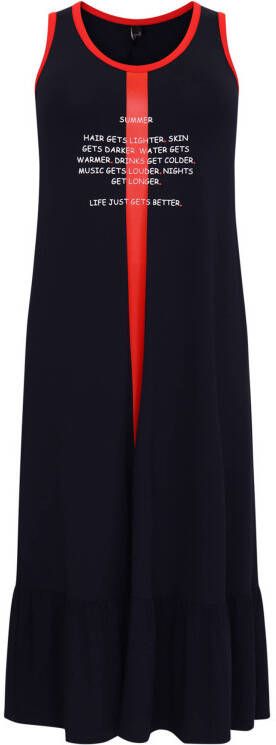 Yoek maxi jurk met contrastbies en volant donkerblauw/rood/wit
