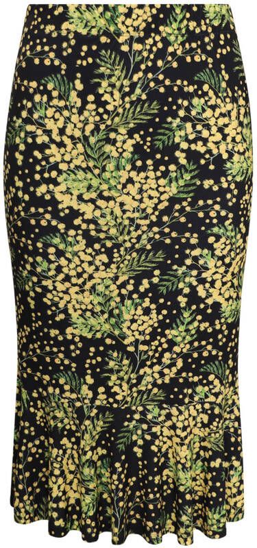 Yoek midi rok MIMOSA met bladprint en volant zwart/geel/groen