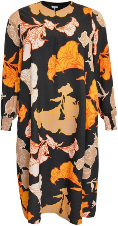 Yoek PORTRAITS gebloemde semi transparante jurk zwart/oranje/lichtbruin