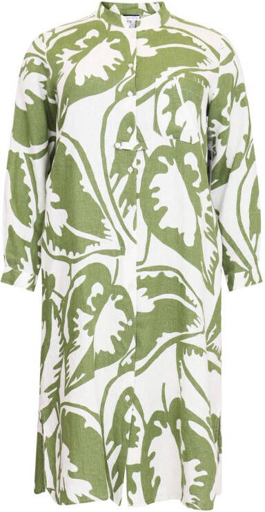 Yoek PORTRAITS lange blouse van linnen met all over print SAVINA wit/olijfgroen