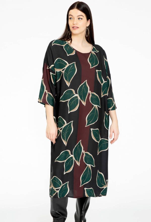 Yoek PORTRAITS oversized rechtvallende jurk met bladprint SYLVAN zwart