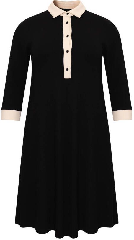 Yoek ribgebreide A lijn jurk DIAGONAL met contrastbies zwart/ecru