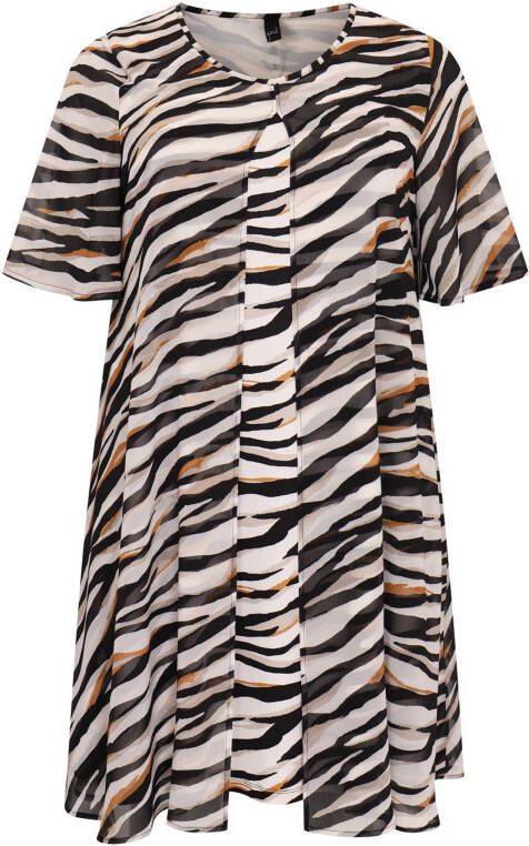 Yoek semi transparante A lijn jurk AFRA met zebraprint wit/lichtbruin/zwart