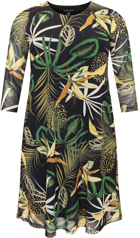 Yoek semi transparante A lijn jurk COCOA met bladprint zwart/groen/geel