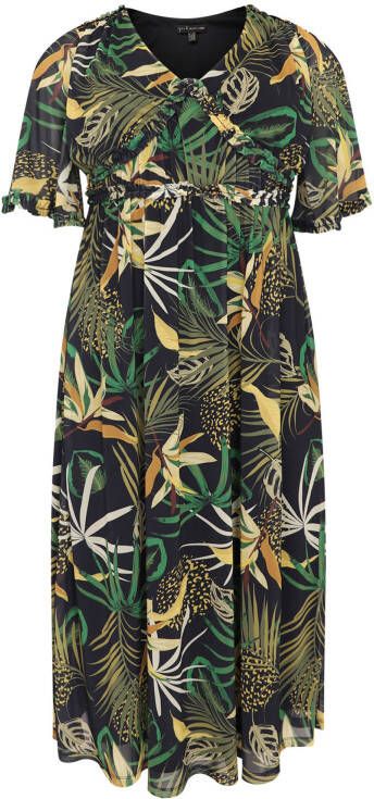 Yoek semi transparante maxi jurk COCOA met bladprint en volant zwart/groen/geel