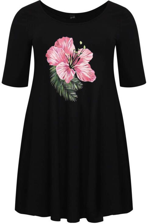 Yoek tuniek FLOR met printopdruk zwart/roze/groen