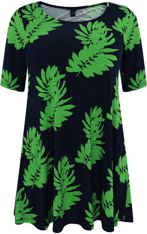 Yoek tuniek LEAVES met bladprint donkerblauw/groen