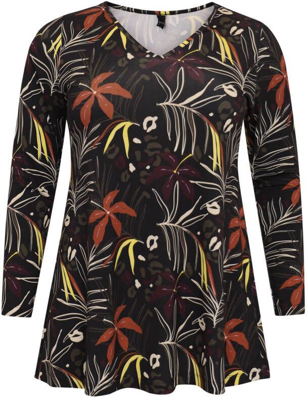 Yoek tuniek met V hals en bladprint FLORA zwart/roodbruin/geel