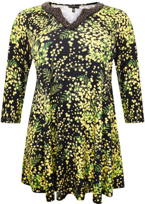 Yoek tuniek MIMOSA met all over print en kraaltjes zwart/geel/groen