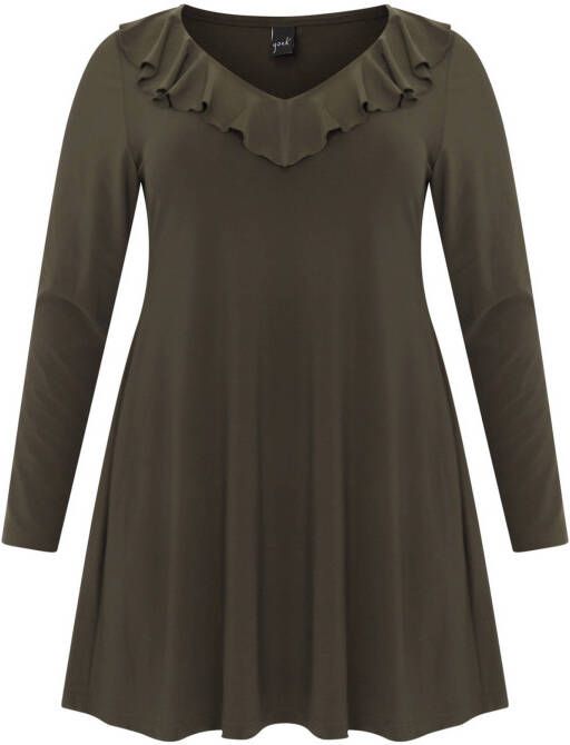 Yoek tuniek van travelstof DOLCE met volant donkergroen