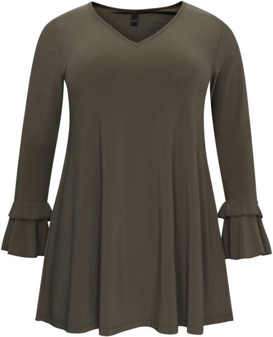 Yoek tuniek van travelstof DOLCE met volant olijfgroen