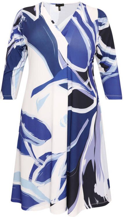 Yoek uitlopende jurk VIVIAN van travelstof met all over print blauw/wit