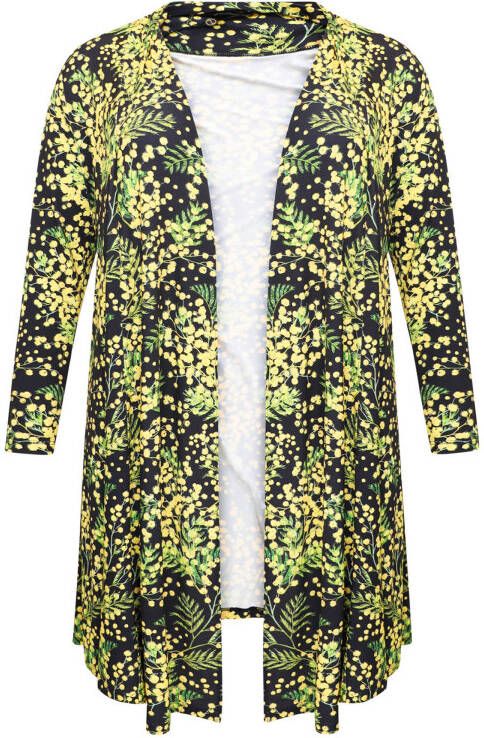 Yoek vest MIMOSA met all over print en plooien zwart/geel/groen